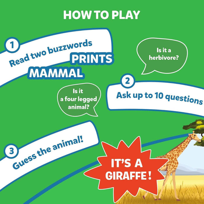 Green graphic with 3 numbered steps to play, featuring buzzwords, question bubbles, and a giraffe illustration.