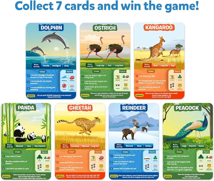 Seven colorful animal game cards with illustrations, buzzwords, clues, and facts on blue, green, and orange backgrounds.