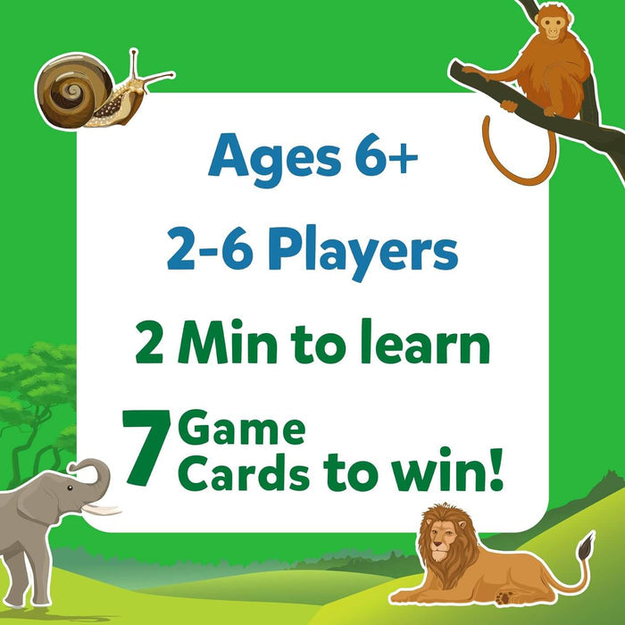Ages 6+, 2-6 players, 2 min to learn, 7 game cards to win. Jungle theme with elephant, lion, monkey, and snail graphics.
