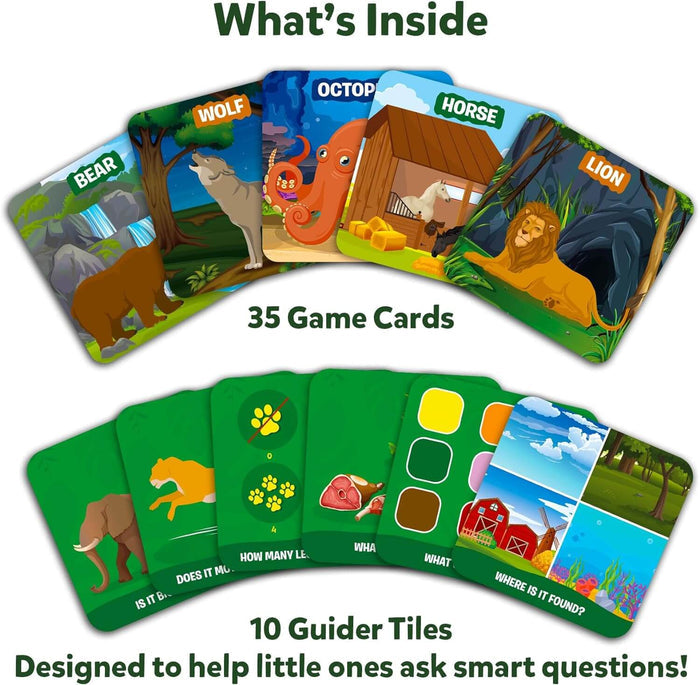 Illustrated animal cards featuring a bear and lion above green guider tiles with question icons and landscapes.