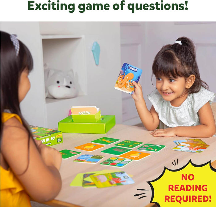 Two young girls play an animal guessing game with colorful cards. One child holds up an orange octopus card.