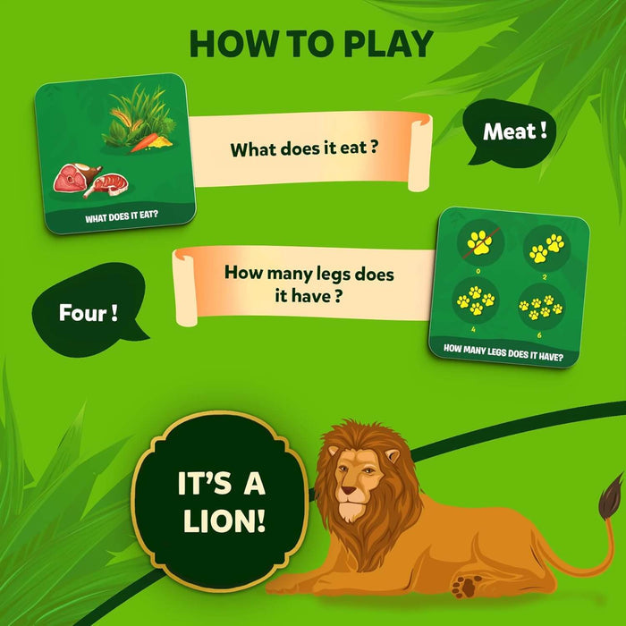 Green how-to-play graphic with question cards about animal diet and legs, featuring a lion illustration at the bottom.
