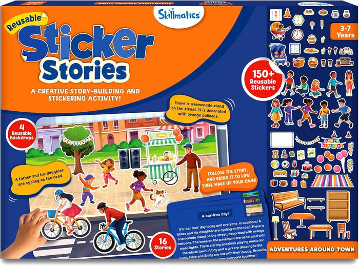 Orange Skillmatics box showing a colorful town scene with kids, a lemonade stand, and 150+ reusable stickers.
