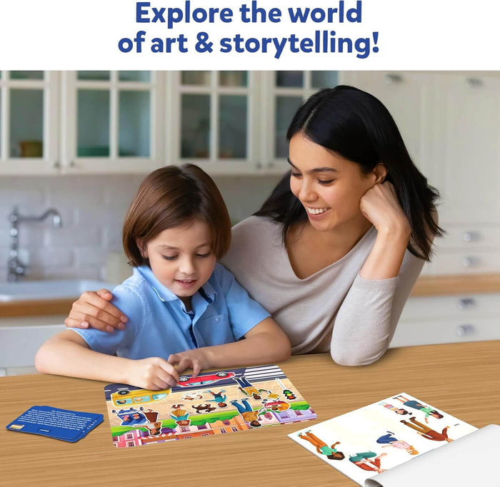 A boy and woman apply stickers to a colorful city playmat featuring a yellow bus and red car at a wooden table.