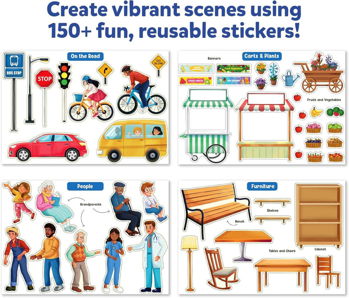 Four sheets of colorful reusable stickers featuring vehicles, diverse people, furniture, and market stall illustrations.