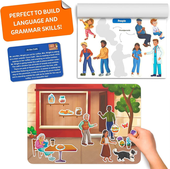 Sticker activity set with a café scene, diverse character stickers, and a story card for building language skills.