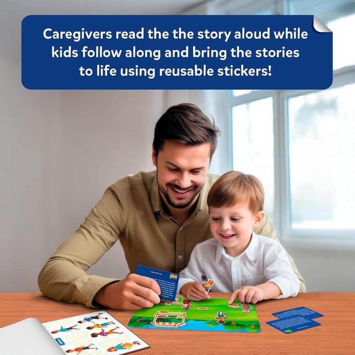 A man and child sit at a table playing with a green sticker activity mat, blue story cards, and reusable character stickers.