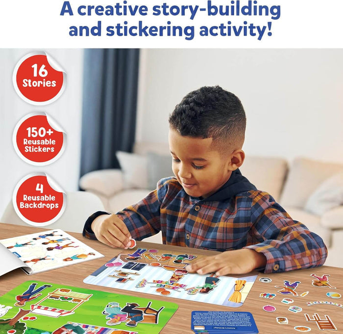 Young boy playing with reusable sticker sheets on a party backdrop with callouts for sticker and story counts.
