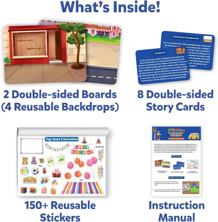 Kit contents: 2 double-sided play boards, 8 story cards, over 150 reusable stickers, and an instruction manual.