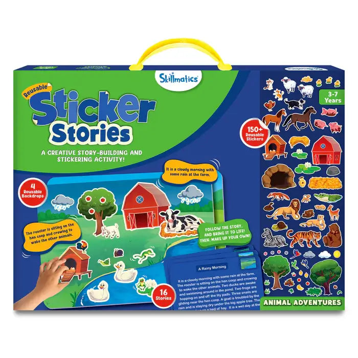 Colorful Skillmatics Sticker Stories box with yellow handle, animal stickers, red barn, and reusable backdrops.