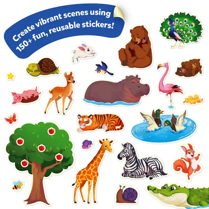 Vibrant cartoon animal stickers including a giraffe, hippo, tiger, and zebra around a green apple tree.