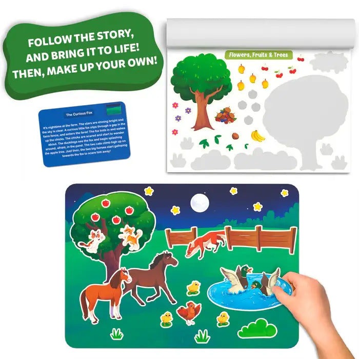 Animal sticker set with a night farm board, white sticker sheet, blue story card, and green text bubble.