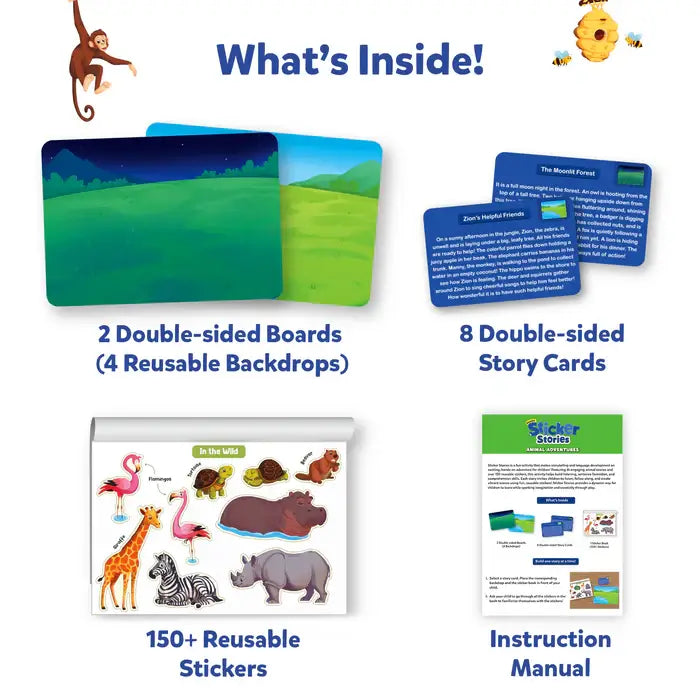 Landscape backdrops, blue story cards, colorful animal stickers, and an instruction manual on a white background.