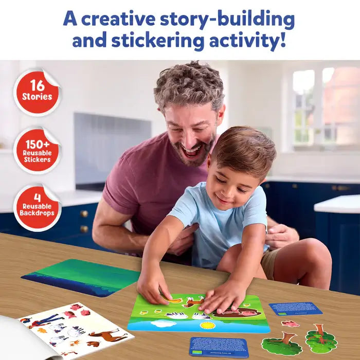 Father and son play with animal stickers on colorful backdrops. Set includes 150+ reusable stickers and story cards.