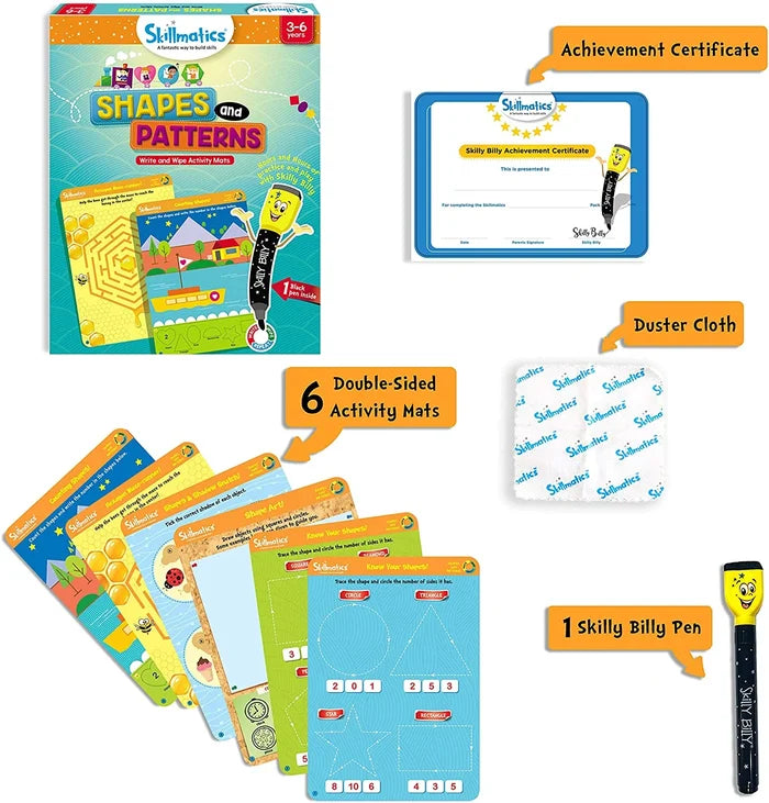 Skillmatics kit for ages 3-6 with box, 6 colorful activity mats, black dry-erase pen, duster cloth, and certificate.