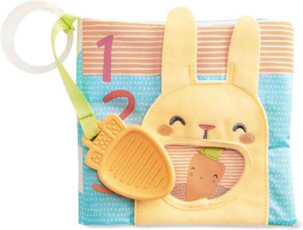 Soft cloth book with a yellow plush bunny, textured carrot teether, hanging ring, and clear window.