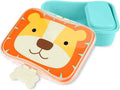 Teal lunch kit with a friendly cartoon lion face on the clear orange lid and a white bone-shaped latch.