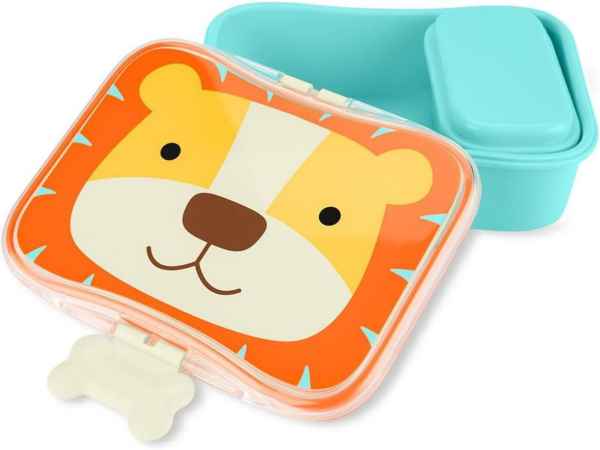 Teal lunch kit with a friendly cartoon lion face on the clear orange lid and a white bone-shaped latch.