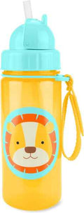 Translucent yellow water bottle with a light blue straw lid, wrist strap, and a stylized lion face graphic.