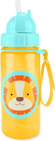 Translucent yellow water bottle with a light blue straw lid, wrist strap, and a stylized lion face graphic.