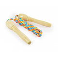 Braided skipping rope in blue, orange, and yellow with two light-colored natural wooden handles.
