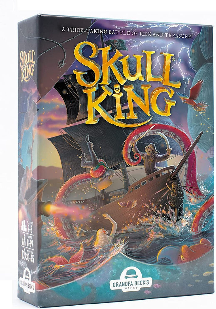 Skull King board game box featuring a pirate ship attacked by a giant red kraken under a golden title.