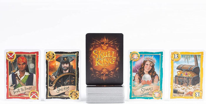 Illustrated pirate, mermaid, and treasure chest cards flanking a central deck with a golden skull logo.