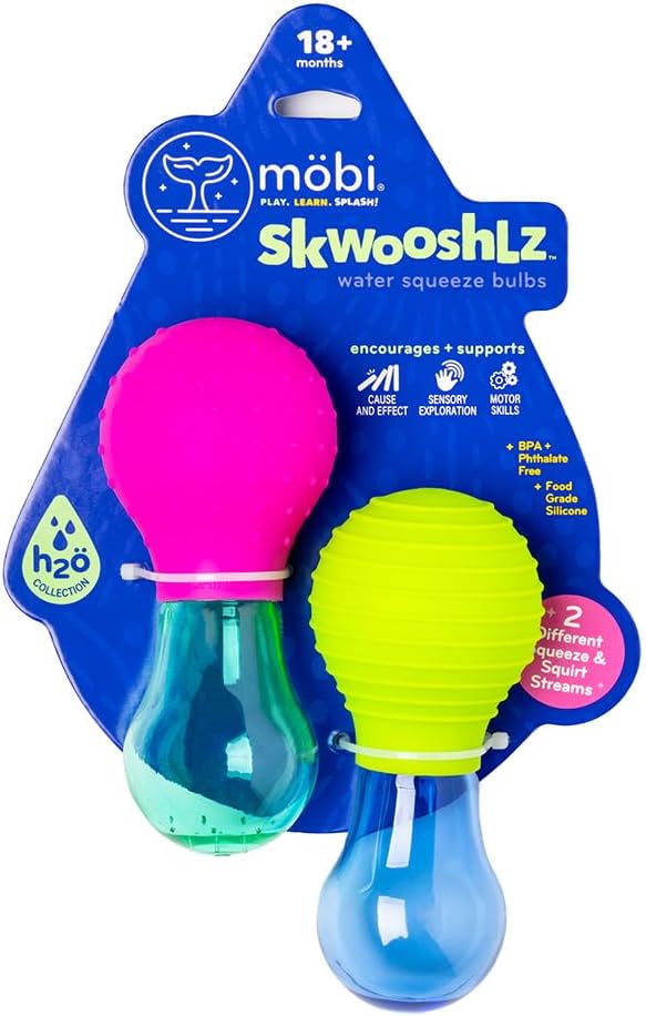 Two textured bulb bath toys on blue packaging. One is pink and teal, the other is yellow and blue with clear bases.