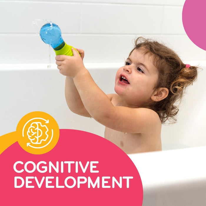 Toddler in a bath squeezing a blue water bulb. Text reads Cognitive Development with a brain and gear icon.