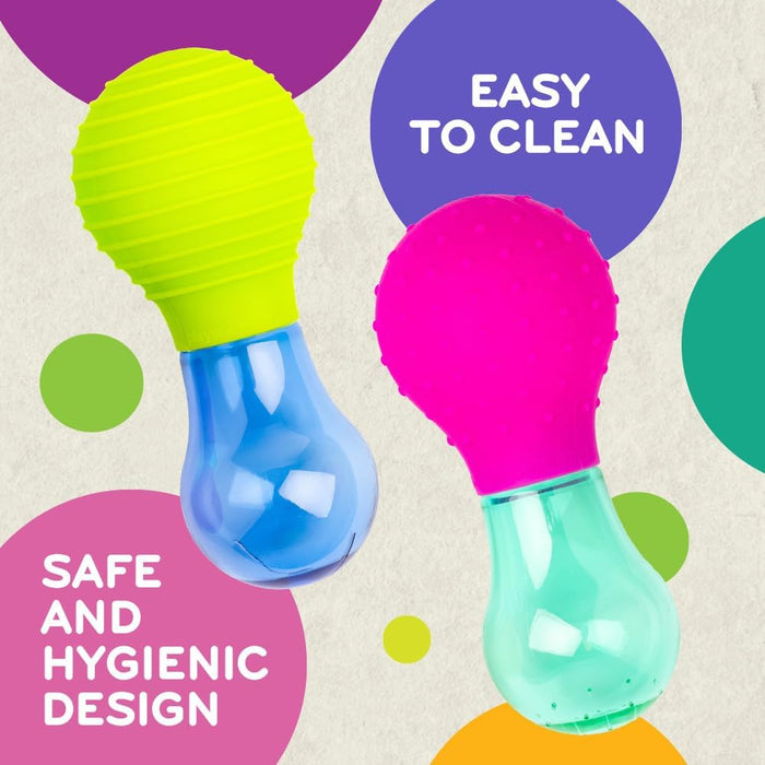Textured lime green and hot pink squeeze bulbs with clear blue and teal bases on a colorful graphic background.