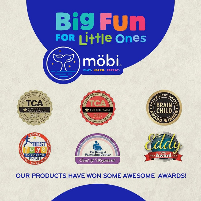 An infographic featuring the möbi logo and six toy award seals from Teachers' Choice, ASTRA, Tillywig, and more.
