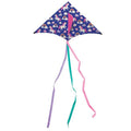 Diamond-shaped blue kite with unicorn print and three long ribbon streamers in purple, teal, and pink.