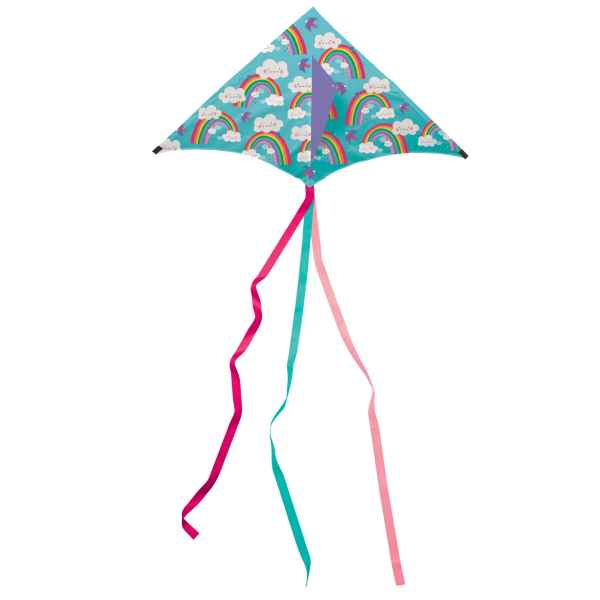 Teal delta kite with a rainbow and cloud pattern and long pink, teal, and magenta trailing ribbon tails.