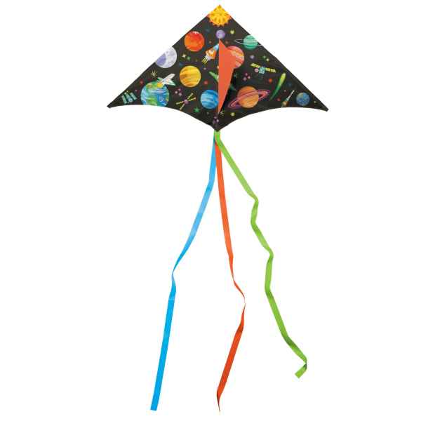 Black space-themed kite with colorful planets and three trailing streamers in blue, orange, and green.