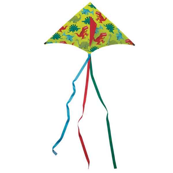 Green delta kite with colorful dinosaur prints and three long ribbon streamers in blue, red, and green.