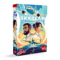 Rectangular board game box with blue and orange art of two pilots with headsets, airplanes, and a sunset airport.