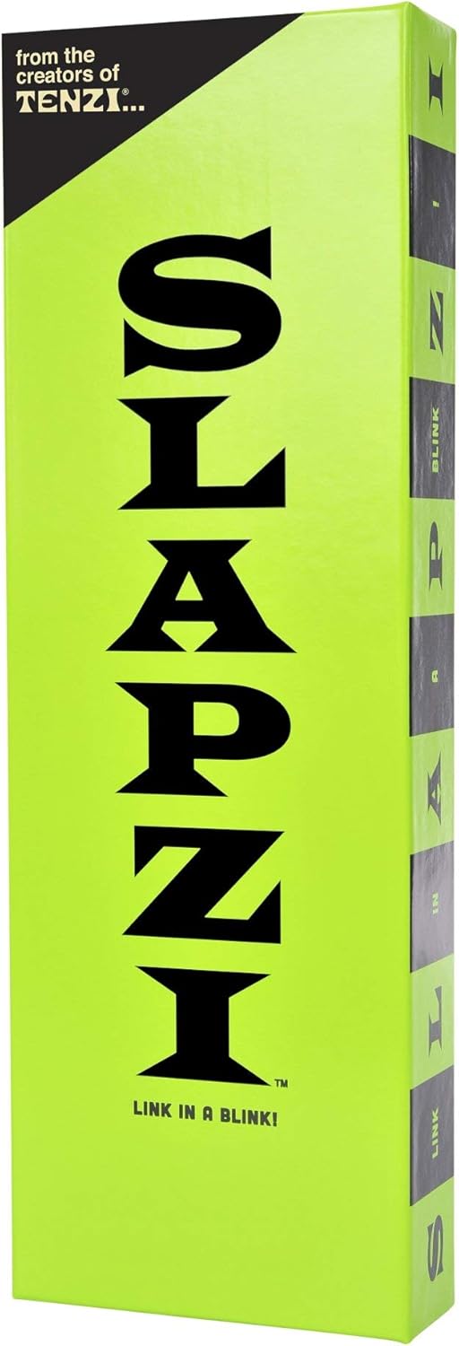Tall neon green box with the word SLAPZI in large black vertical letters and the slogan Link in a blink.
