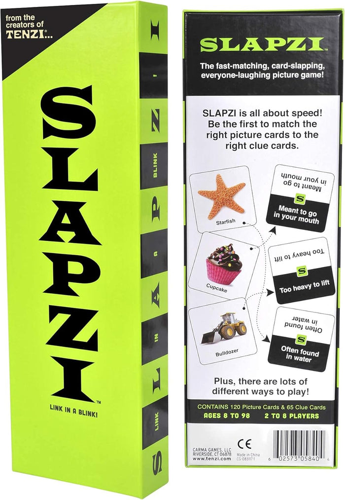 Neon green Slapzi game box with bold black text and a back panel showing matching picture and clue cards.