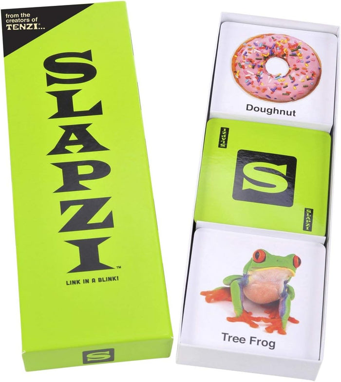 Neon green Slapzi box next to cards showing a pink doughnut, a black letter S, and a red-eyed tree frog.