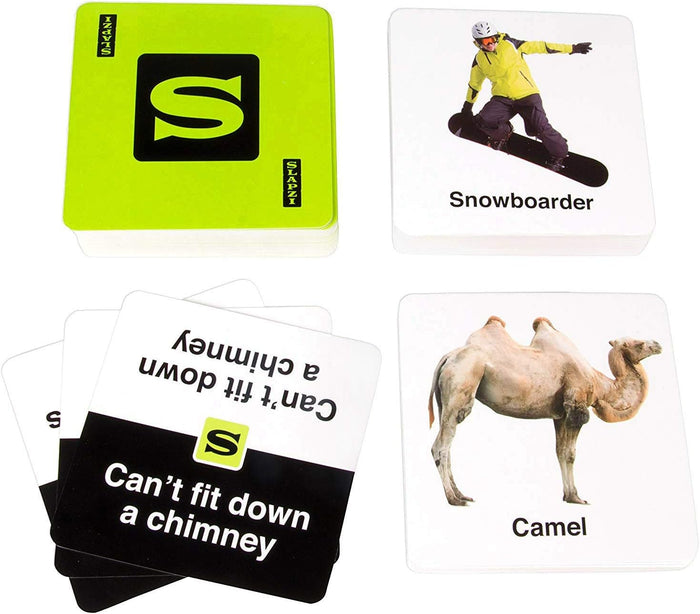 Four game cards: a green logo card, photo cards of a camel and snowboarder, and a clue card: 'Can't fit down a chimney'.