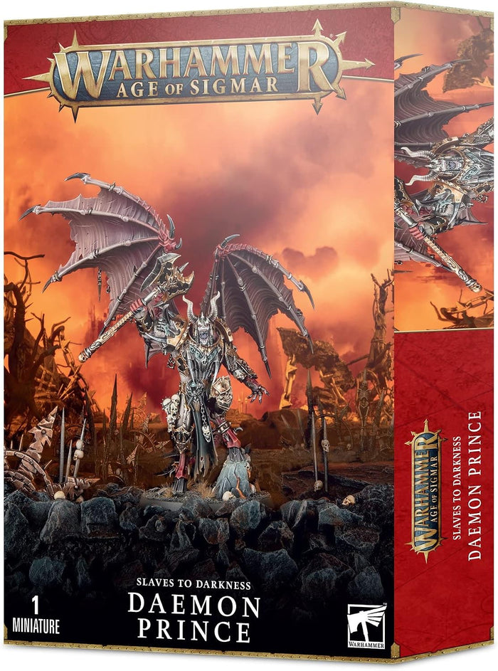 Red and orange box featuring a winged demon miniature with silver armor, horns, and an axe on a rocky base.