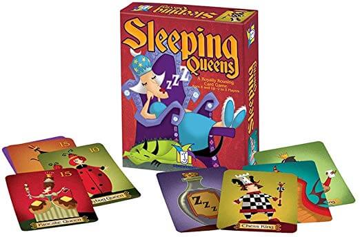 Red game box and colorful illustrated cards for Sleeping Queens, featuring cartoon royalty and a dragon.