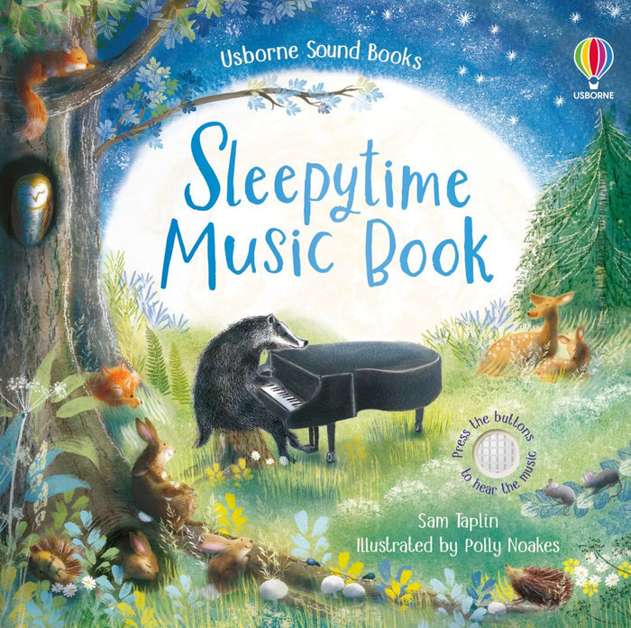 Book cover with a badger playing piano for woodland animals under a large moon in a starry night forest.