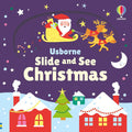 Children's book cover featuring Santa in a yellow sleigh flying over a snowy village under a purple starry night sky.