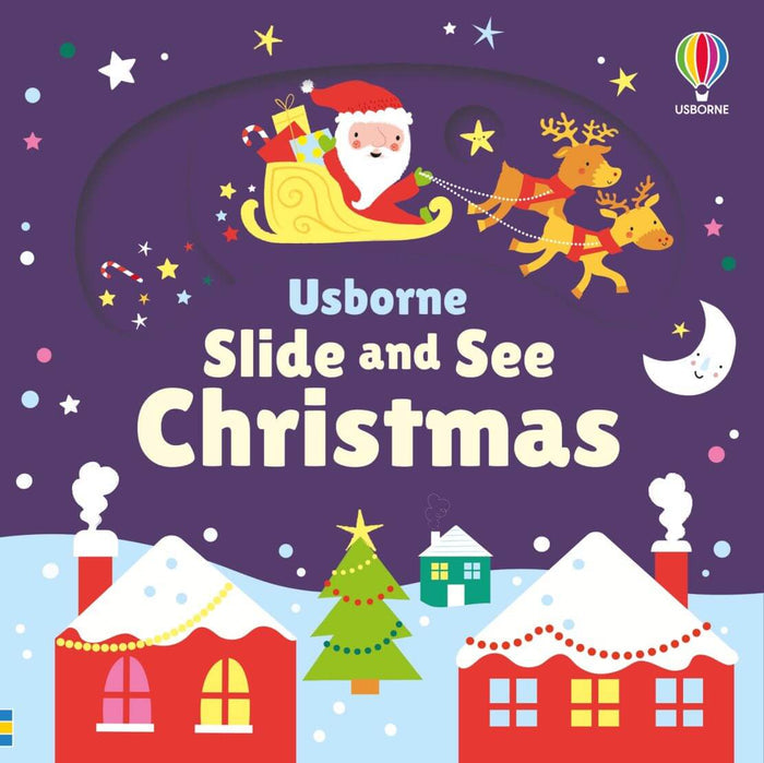Children's book cover featuring Santa in a yellow sleigh flying over a snowy village under a purple starry night sky.