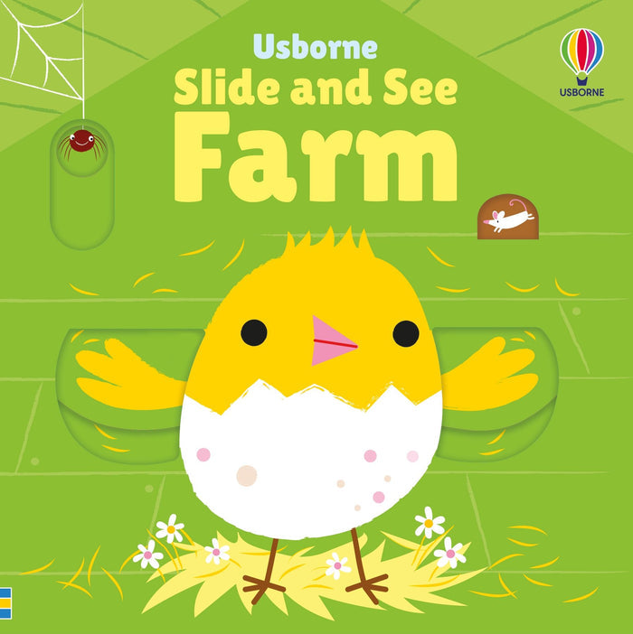 Green children's book cover with a yellow chick hatching from a white egg, a mouse, and a spider hanging from a web.