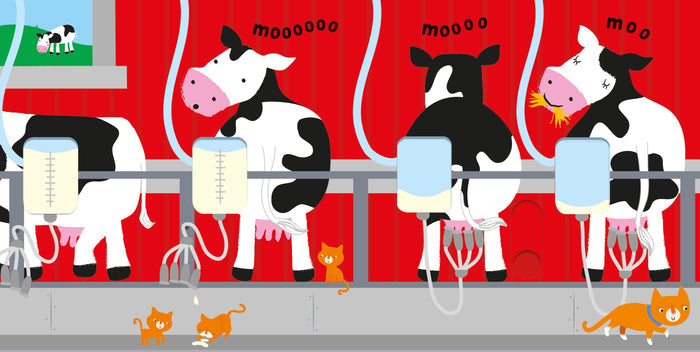 Cartoon illustration of black and white cows in a red barn being milked, with orange kittens playing on the floor.