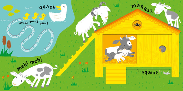Farm illustration with goats on a yellow barn and ducks on a blue pond with a sliding path and animal sound words.