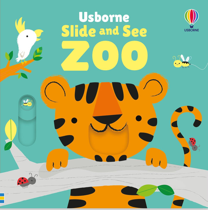 Teal board book cover featuring a smiling orange tiger, a white cockatoo, and the word ZOO in large yellow letters.
