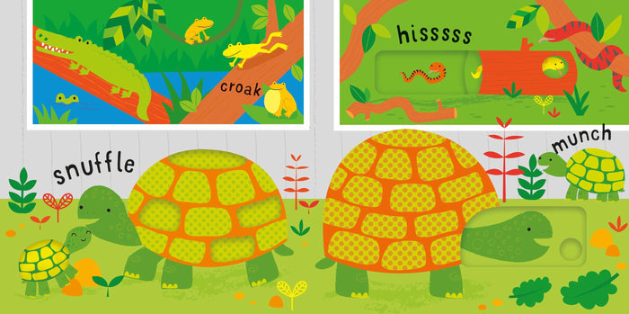 Colorful children's book spread featuring a green crocodile, frogs, and tortoises with interactive slide-and-see tabs.